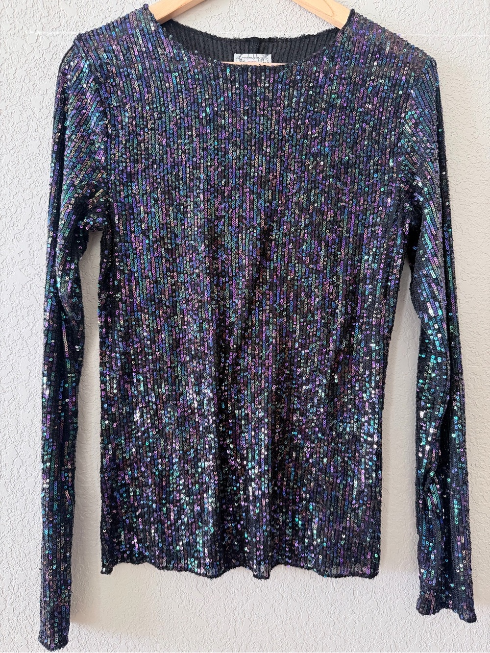 Free People Black Long-Sleeve Sequin Ribbed Top with Purple & Teal Shimmer